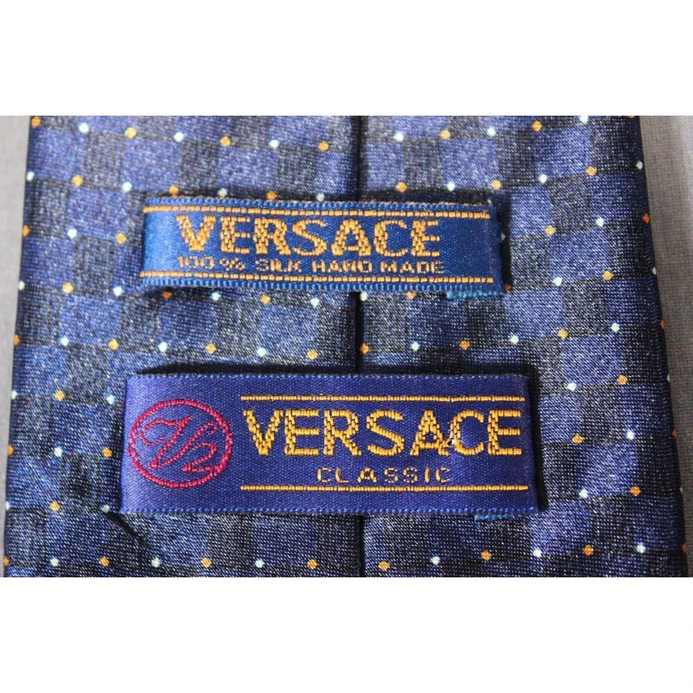 Vintage Versace Necktie Classic V2 Geometric Pattern Handmade Blue Silk Tie